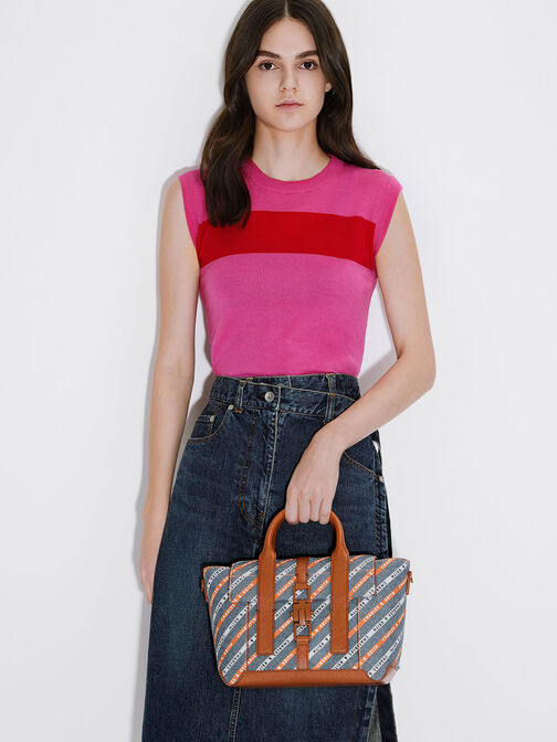 Dua Striped Denim Buckled Trapeze Tote, Multi, hi-res