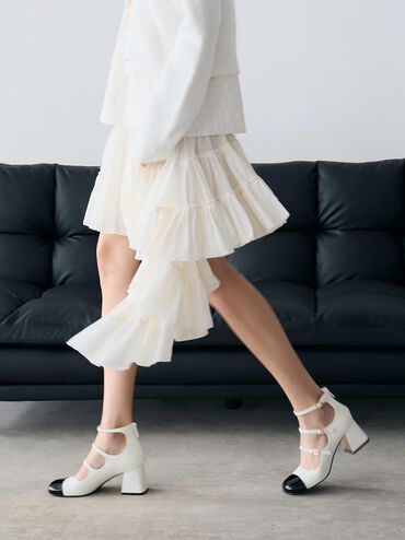 Patent Triple-Strap Cap-Toe Mary Jane Pumps, White, hi-res