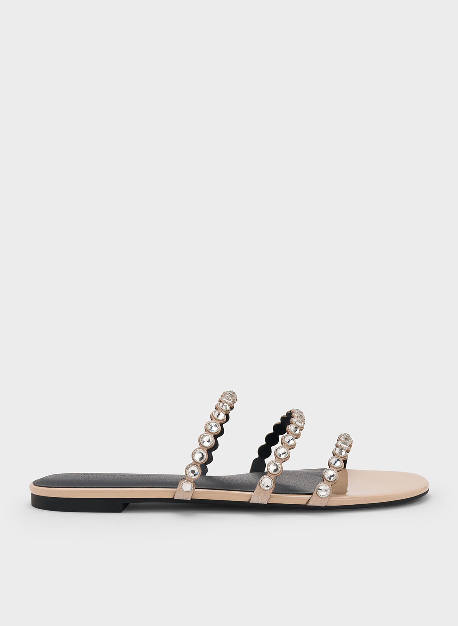 Sandalias con triple tira y adornos de cristal, Nude, hi-res