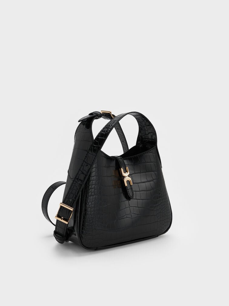 Mini Adalyn Croc-Effect Metallic-Buckle Belted Hobo Bag, Black Croco, hi-res