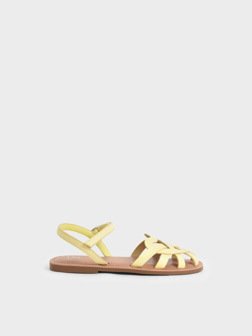 Girls' Caged Ankle-Strap Sandals, Yellow, hi-res