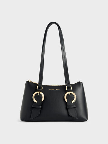 Ring Buckle Leather Shoulder Bag, Black, hi-res