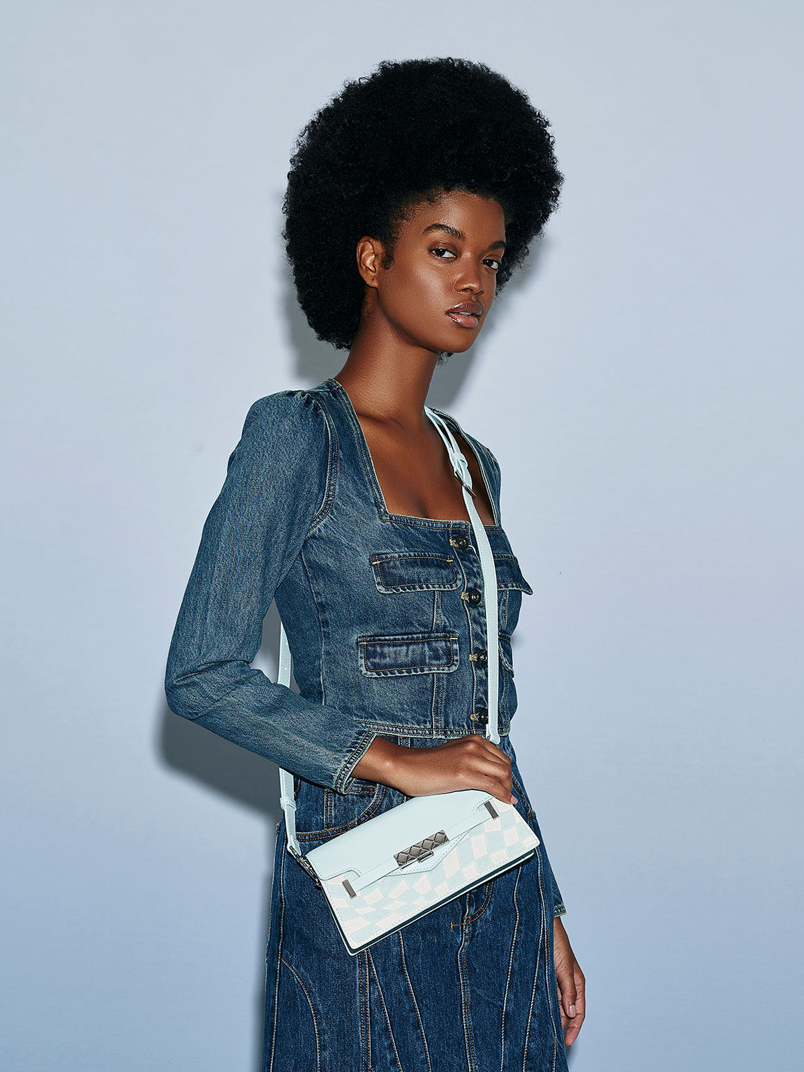 Mini Sabrina Checkered Envelope Shoulder Bag, Light Blue, hi-res