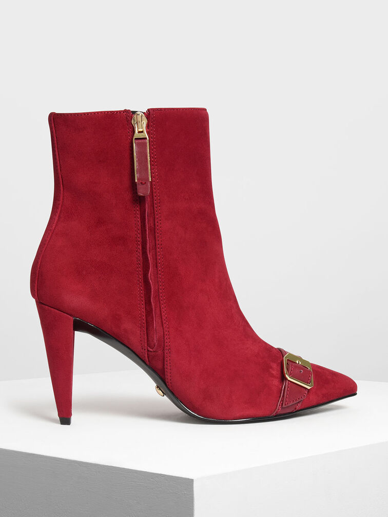Leather Strap Detail Suede Boots, Red, hi-res