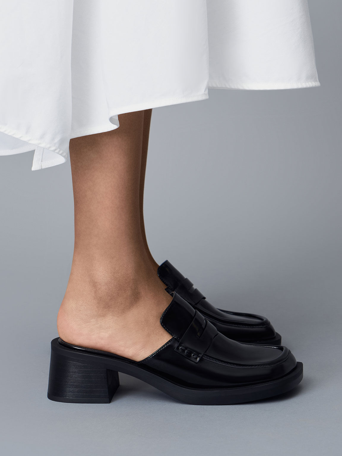 Penny Loafer Block Heel Mules, Black, hi-res