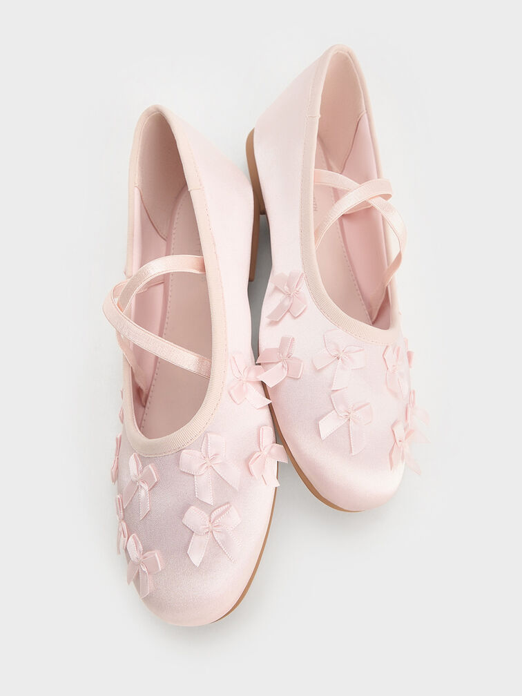 Girls' Satin Bow Crossover-Strap Ballet Flats, Blush, hi-res