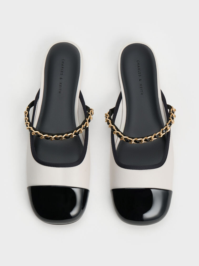 Patent Two-Tone Chain-Strap Mules, White, hi-res