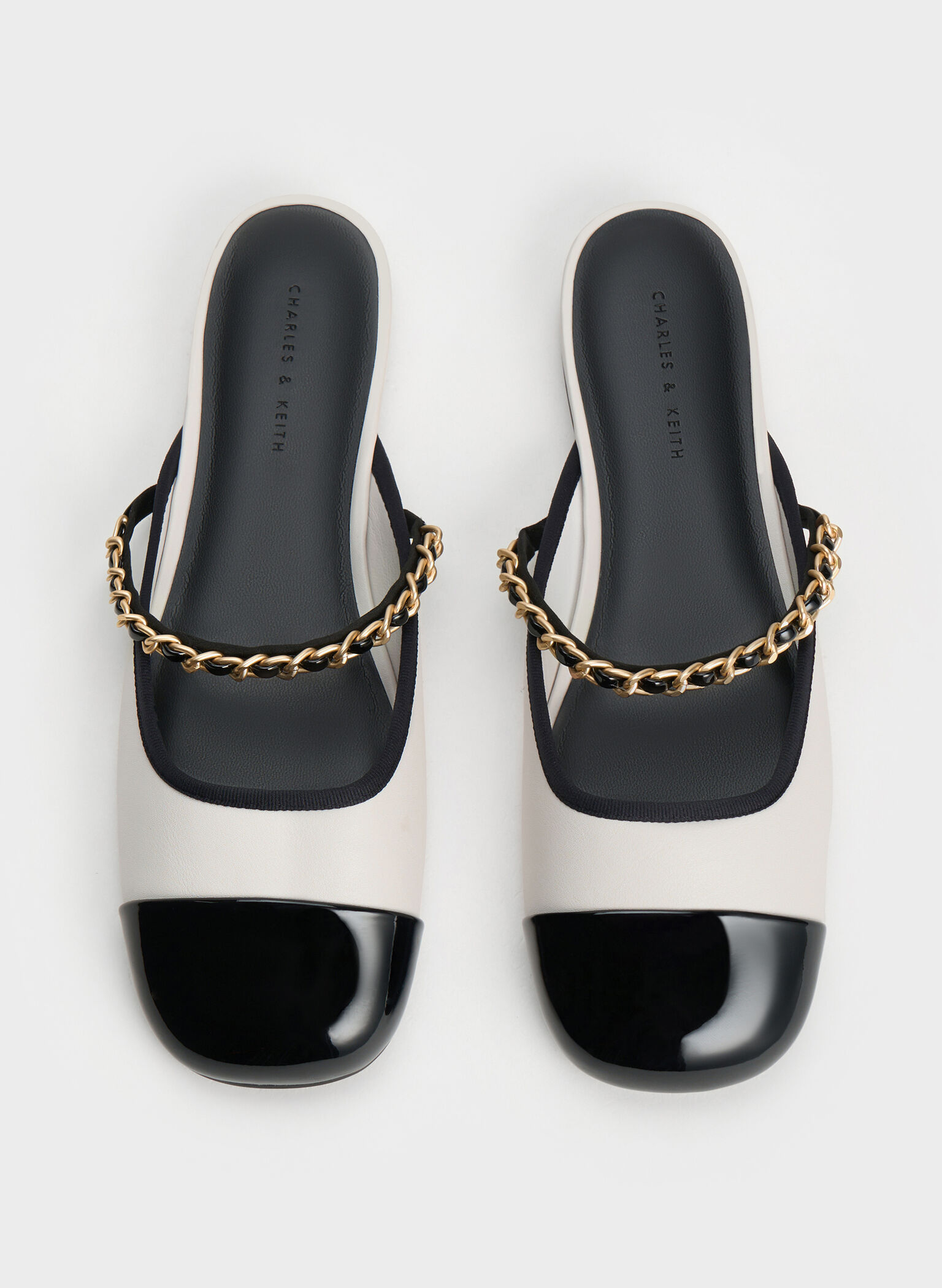 Patent Two-Tone Chain-Strap Mules, White, hi-res