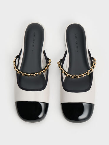 Patent Two-Tone Chain-Strap Mules, White, hi-res