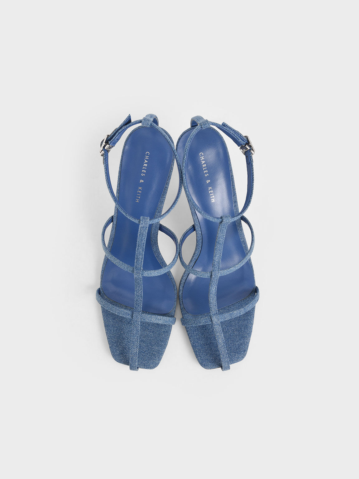 Denim Caged Strappy Heeled Sandals, Blue, hi-res