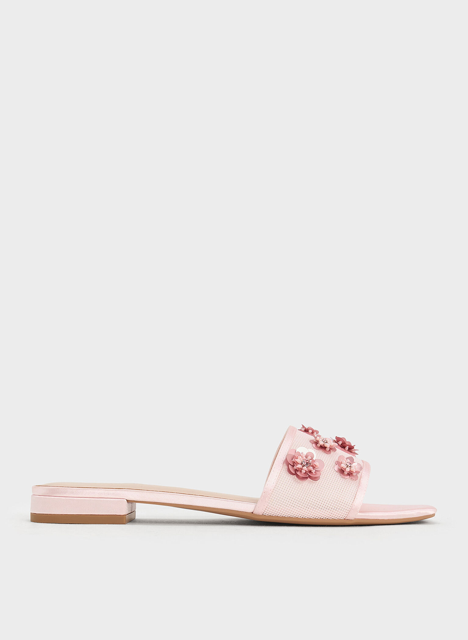 Sandalias de malla y satén con lentejuelas y flores, Rosa, hi-res