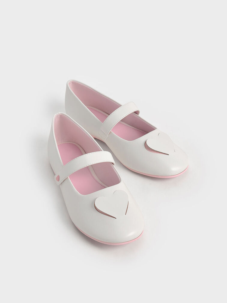 Girls' Heart Cut-Out Mary Janes, White, hi-res