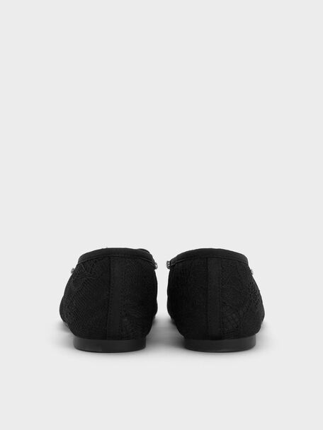 Girls' Lace Crystal Crossover Ballet Flats, Black Textured, hi-res