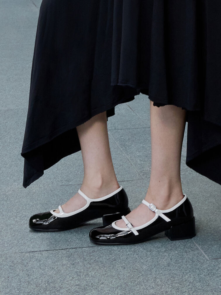Patent Contrast-Trim Double-Strap Mary Jane Pumps, Black Patent, hi-res