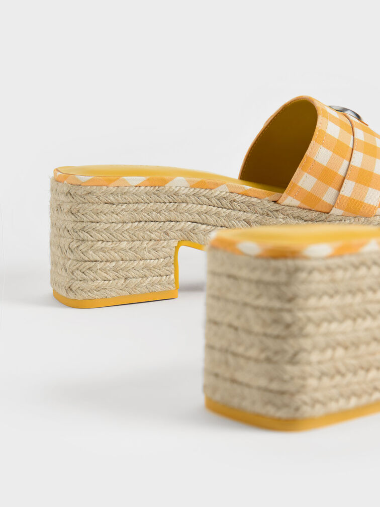 Buckled Linen Gingham-Print Platform Espadrilles, Yellow, hi-res