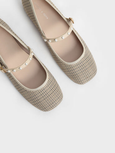 Bead Embellished Houndstooth-Print Mary Jane Flats, Multi, hi-res