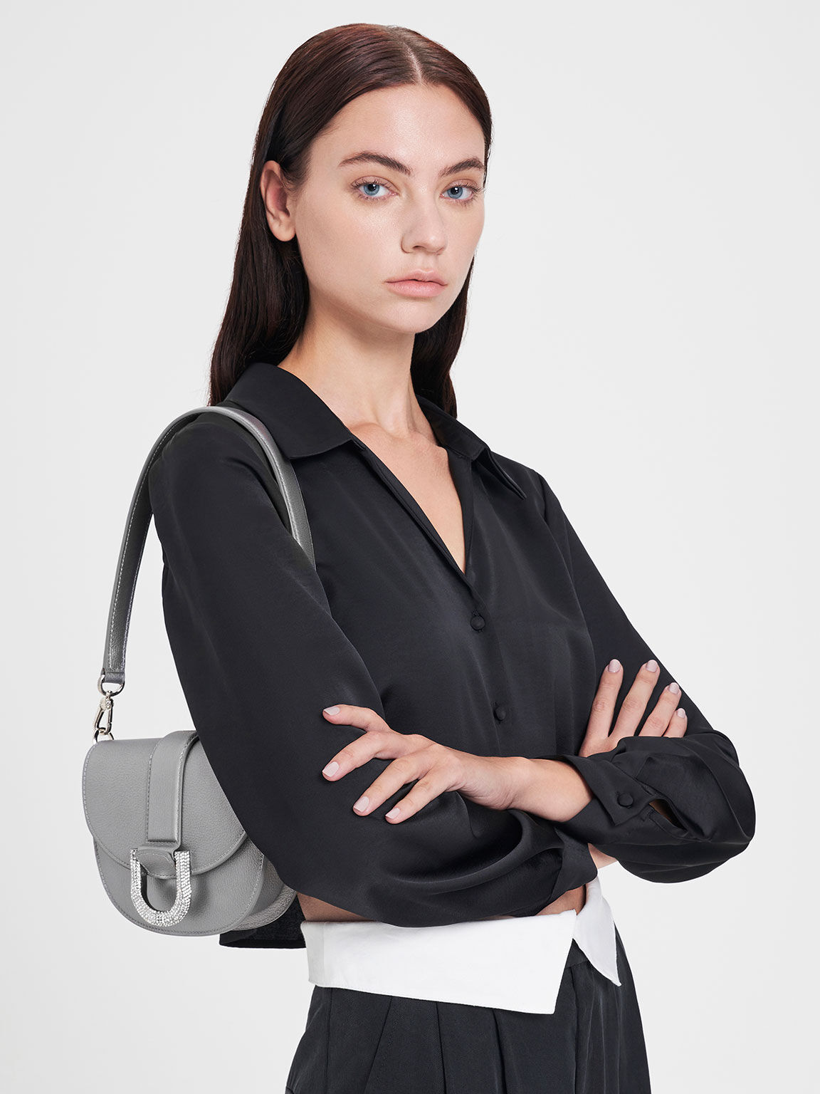 Mini Gabine Leather Saddle Bag Pewter