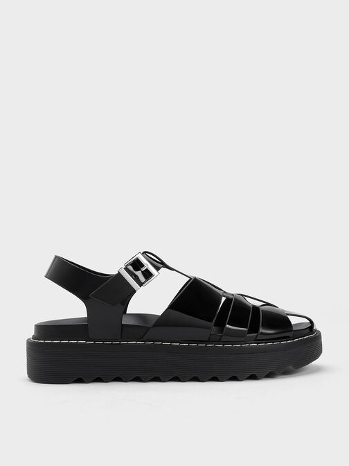 Interwoven Patent Buckled Sandals, Black Patent, hi-res