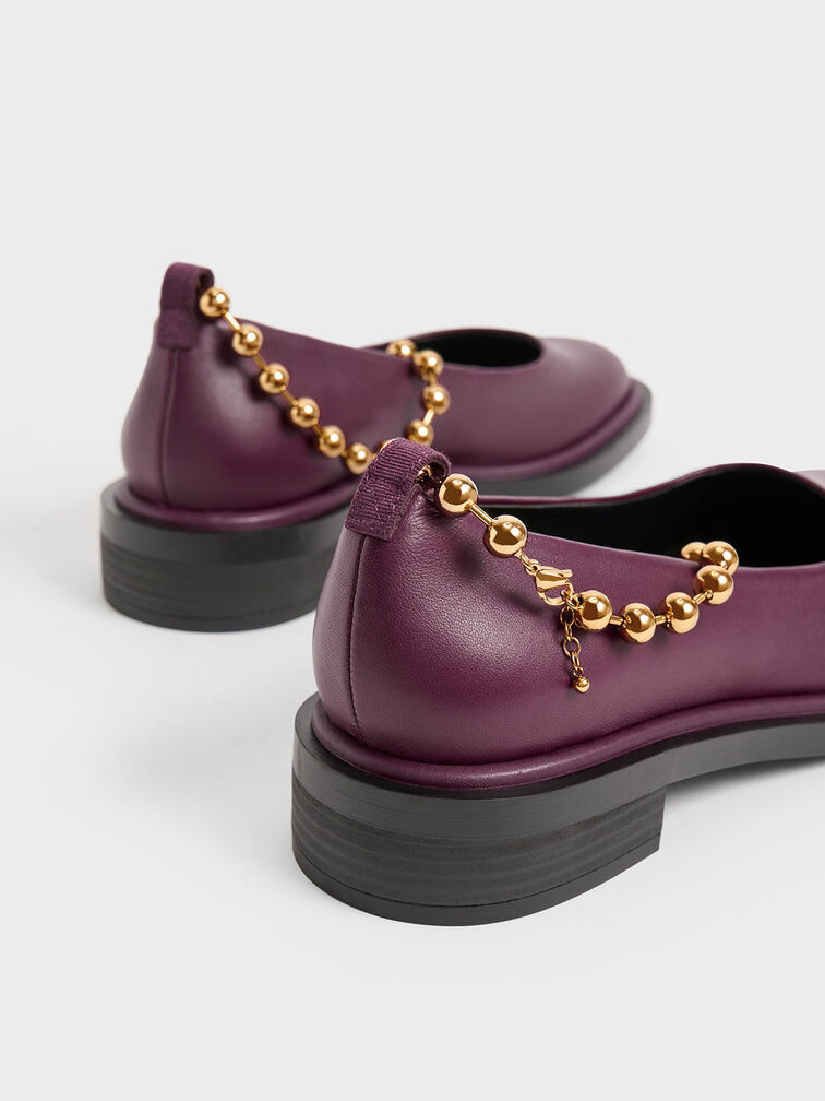 Beaded Ankle-Strap Leather Ballerinas, Prune, hi-res