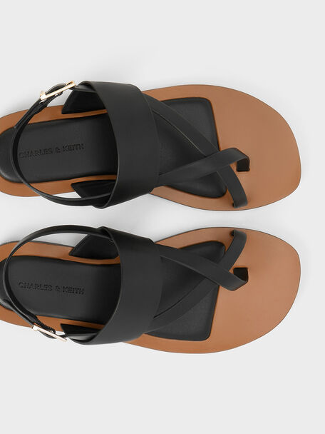 Toe-Ring Crossover-Strap Sandals, Black, hi-res