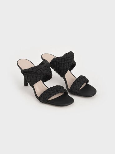 Double Strap Woven Heeled Mules, Black, hi-res