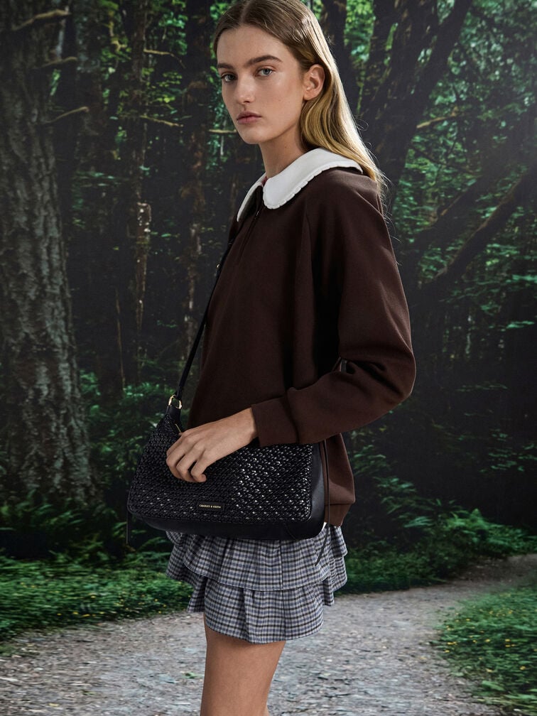 Calla Woven Shoulder Bag, Black, hi-res