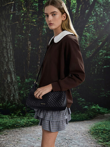 Calla Woven Shoulder Bag, Black, hi-res