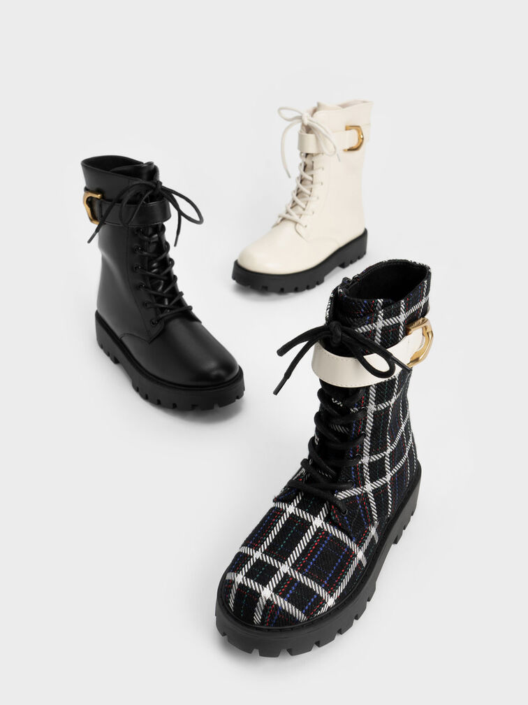 Gabine Check-Print Lace-Up Ankle Boots, Black Textured, hi-res