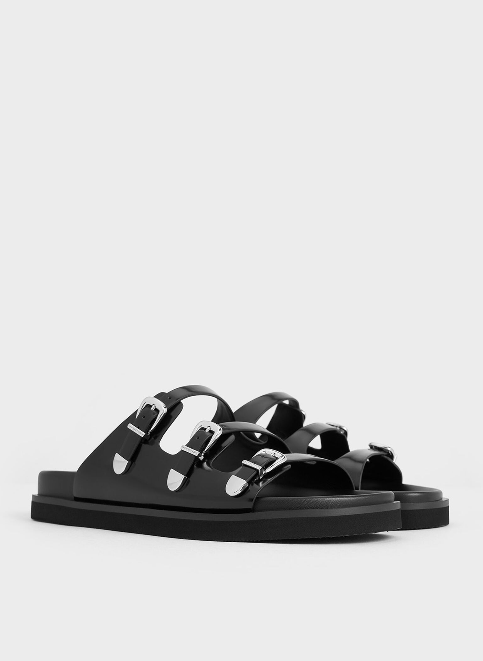 Sandalias de triple correa con hebilla, Negro pulido, hi-res