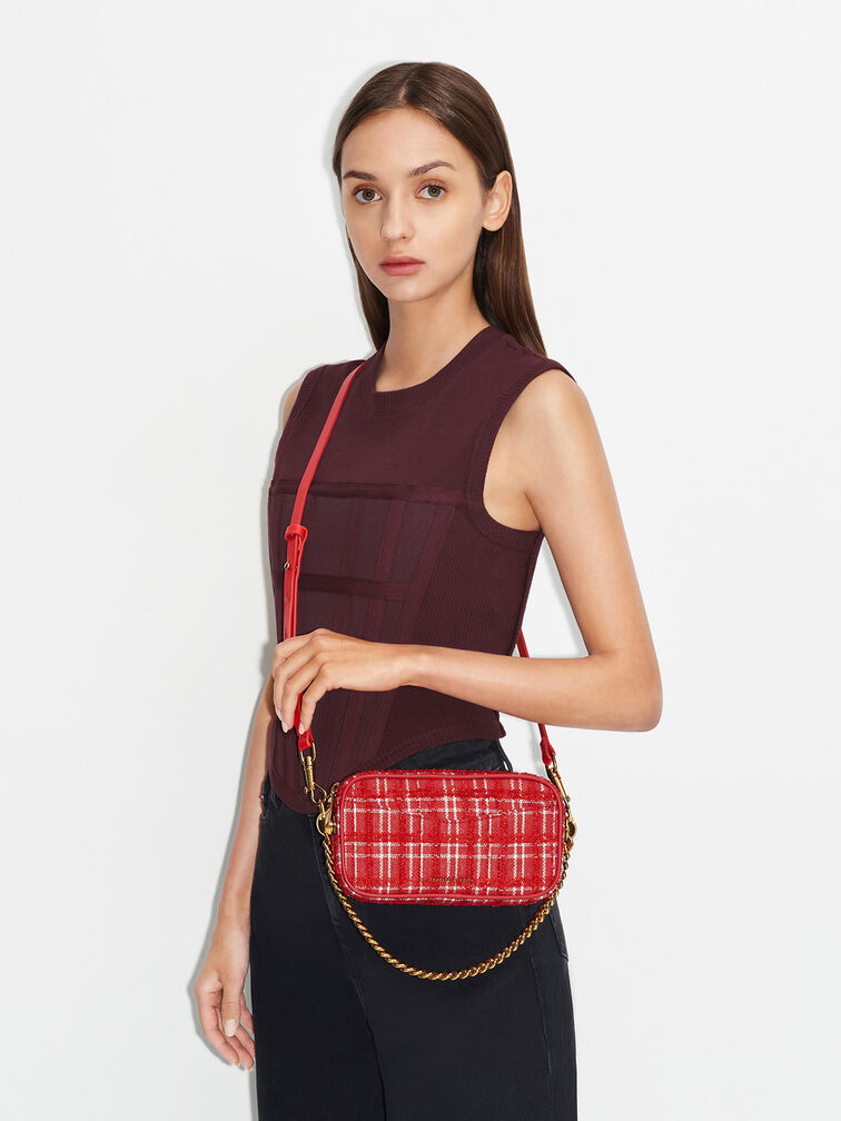 Red Cayce Tweed Boxy Crossbody Bag - CHARLES & KEITH SG