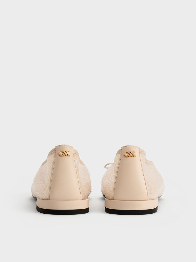 Sequin Mesh & Leather Bow Ballet Flats, Nude, hi-res