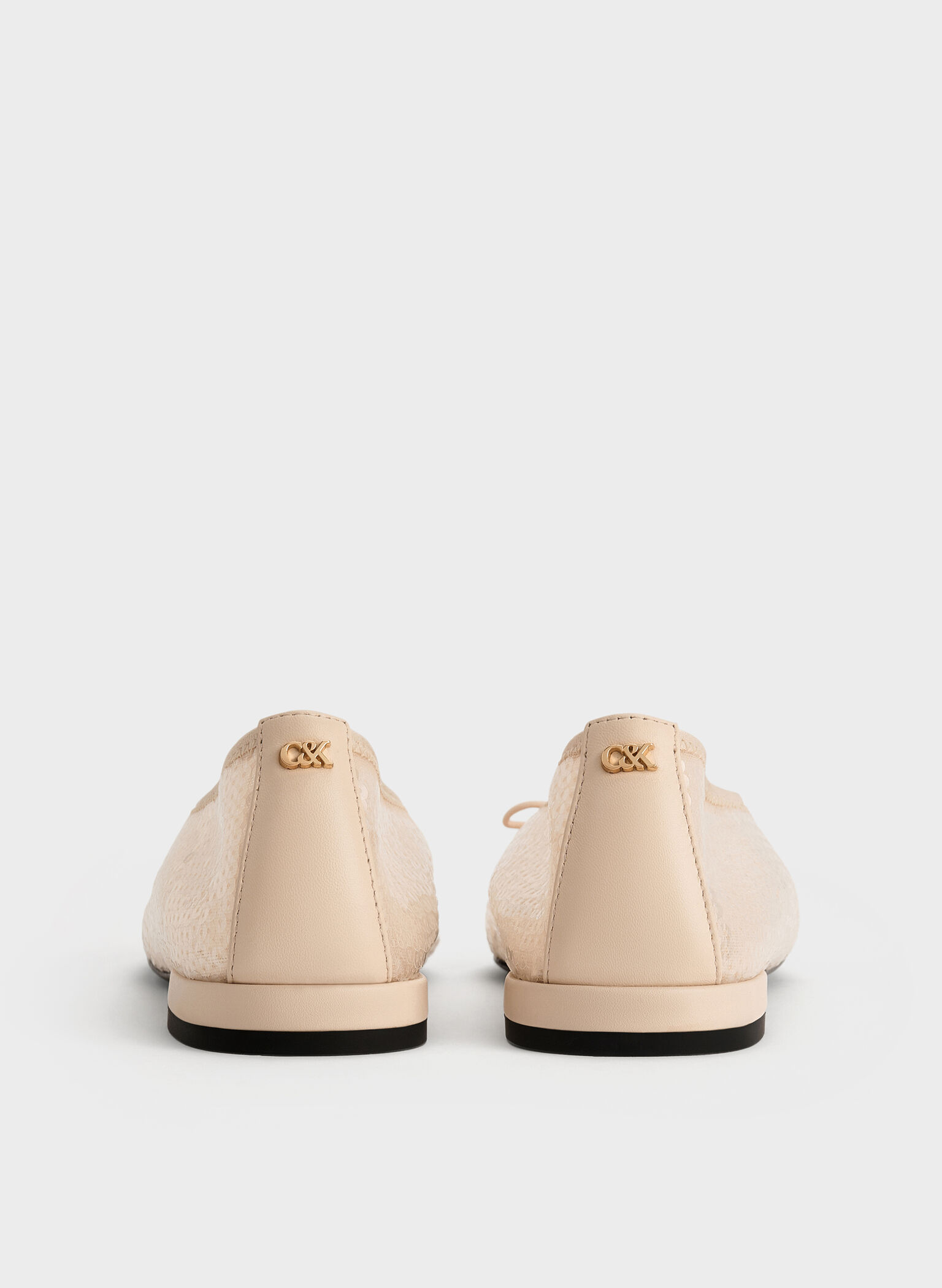 Sequin Mesh & Leather Bow Ballet Flats, Nude, hi-res