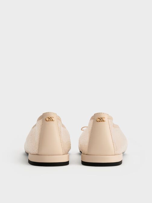 Sequin Mesh & Leather Bow Ballet Flats, Nude, hi-res