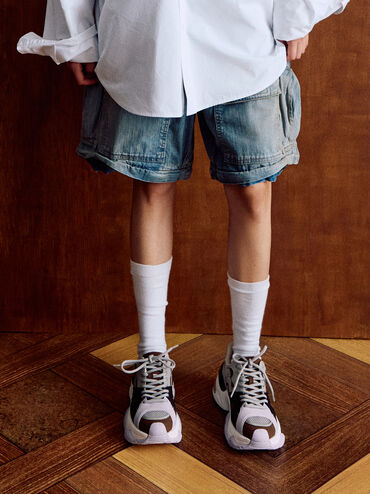 Mesh Contrast-Trim Chunky Sneakers, Brown, hi-res