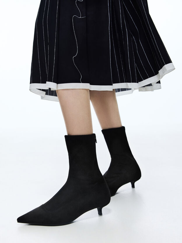 Faux Suede Pointed Heeled Ankle Boots, Black Textured, hi-res