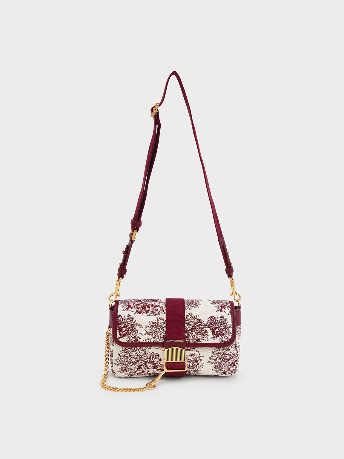 Tiger Calligraphy Chain-Link Shoulder Bag, Burgundy, hi-res