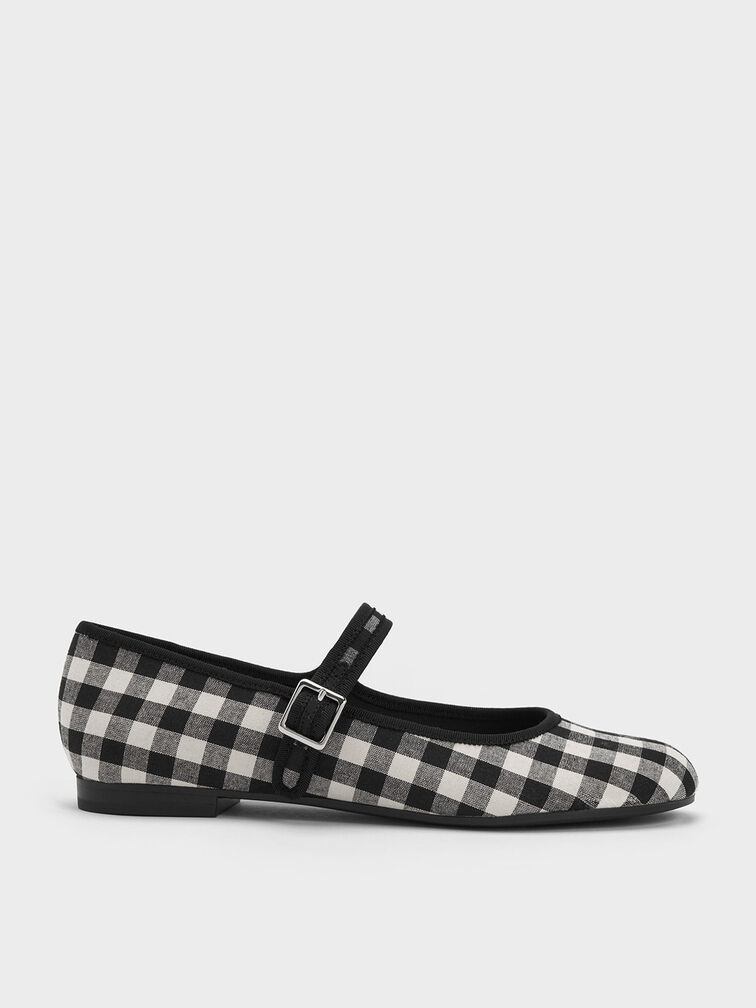 Carmel Checkered Buckled Mary Jane Flats, Black Textured, hi-res