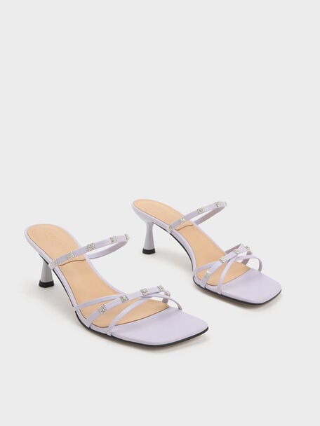 Square Crystal-Embellished Metallic Leather Heeled Mules, Lilac, hi-res