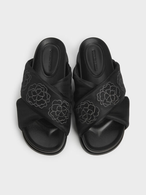 Satin Embroidered-Flower Crossover Sandals, Black Textured, hi-res