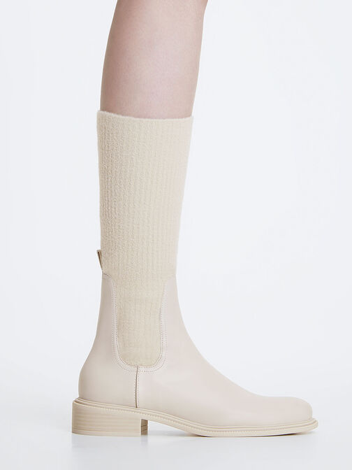 Knee-High Knitted Sock Boots, Chalk, hi-res