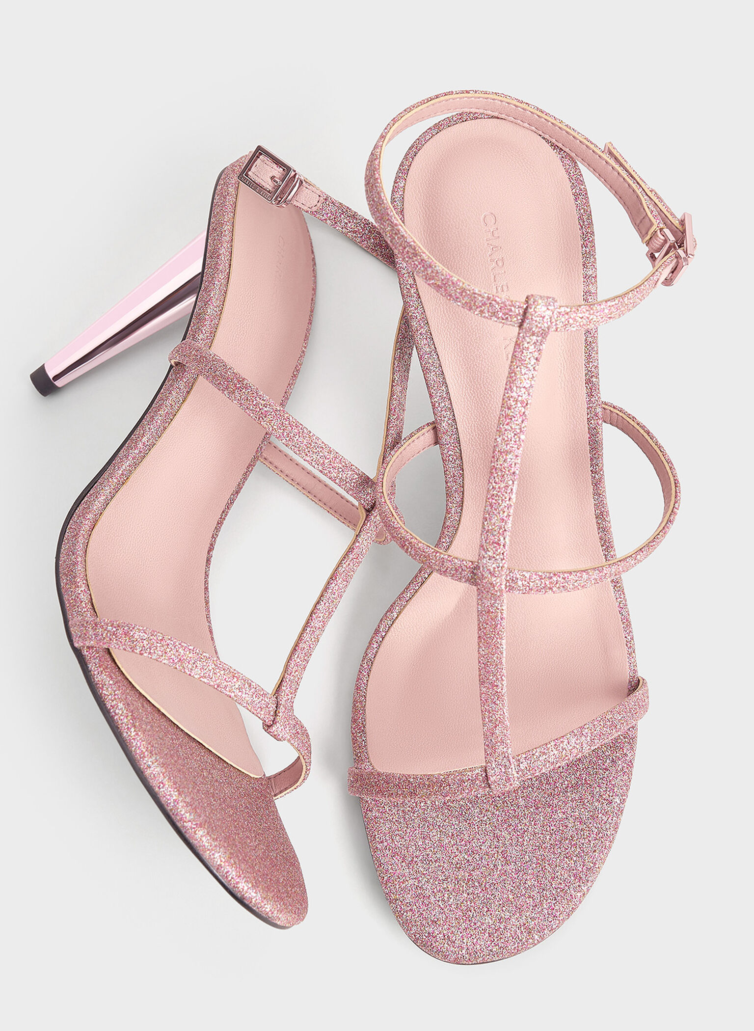 Glittered T-Bar Ankle-Strap Sandals, Pink, hi-res