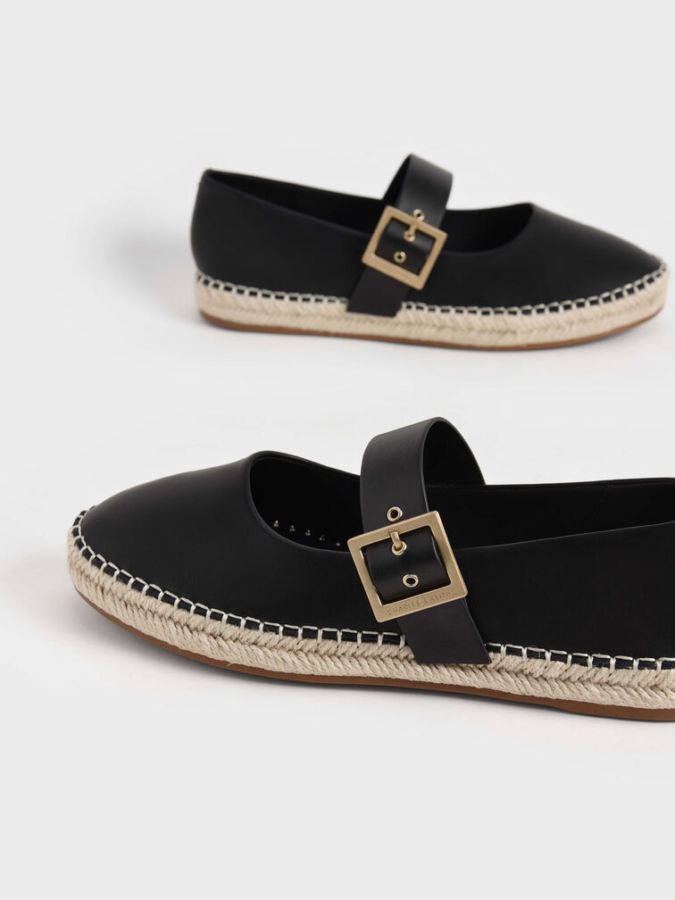 Buckled Espadrille Flats, Black, hi-res