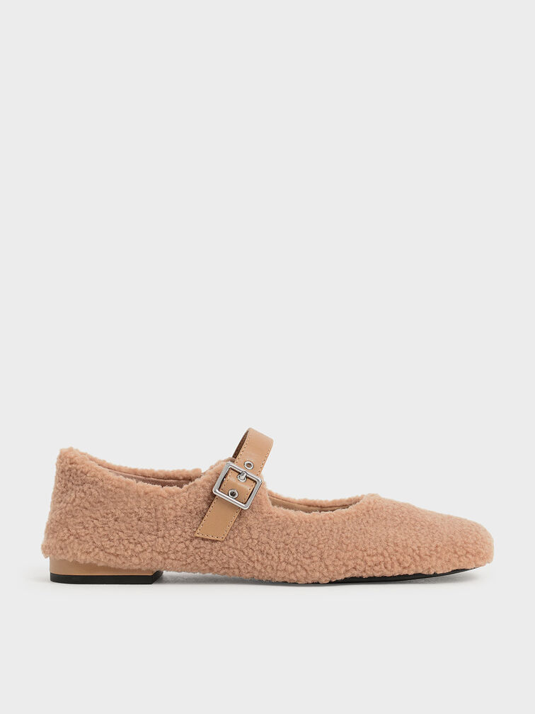 Furry Mary Jane Flats, Camel, hi-res