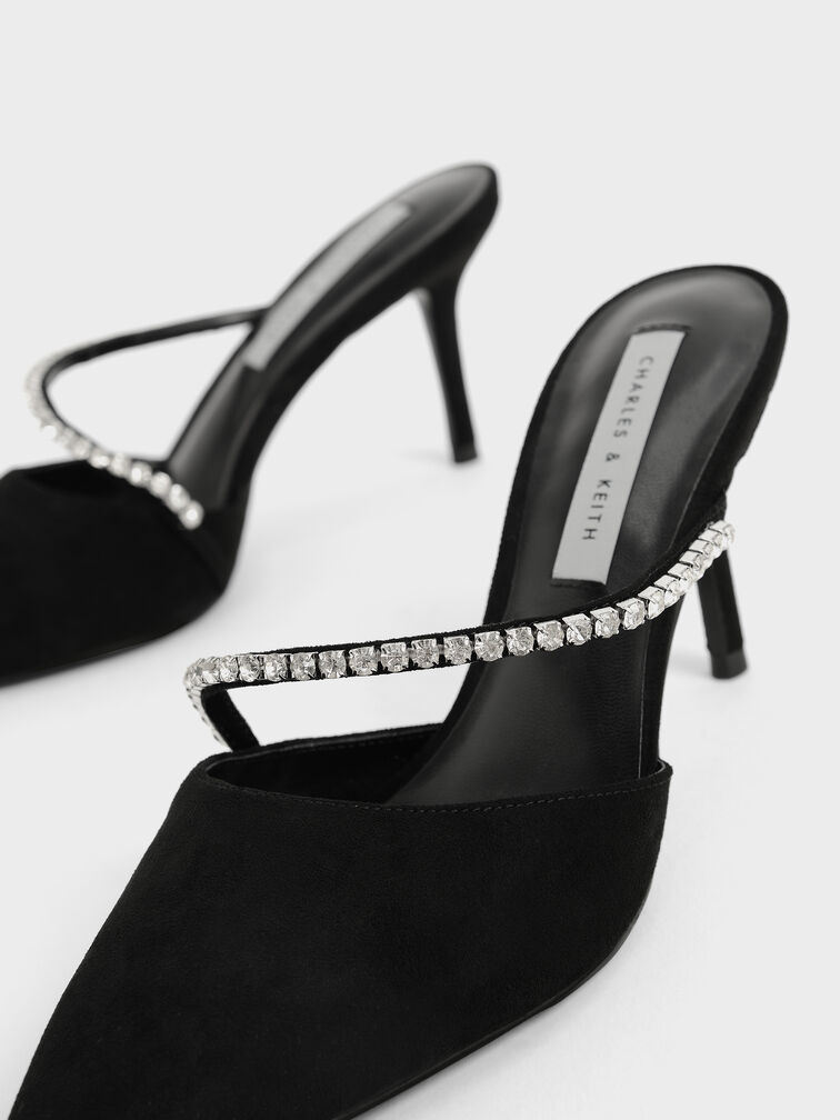Gem-Encrusted Textured Stiletto Mules, Black, hi-res
