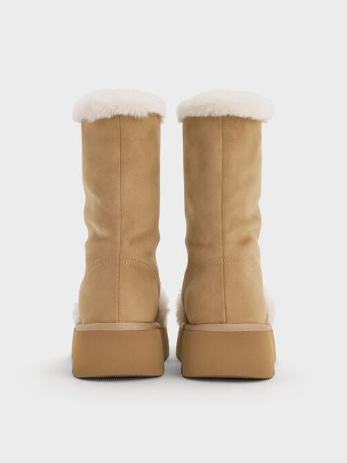Faux Suede & Faux Fur Foldover Flatform Boots, Sand, hi-res