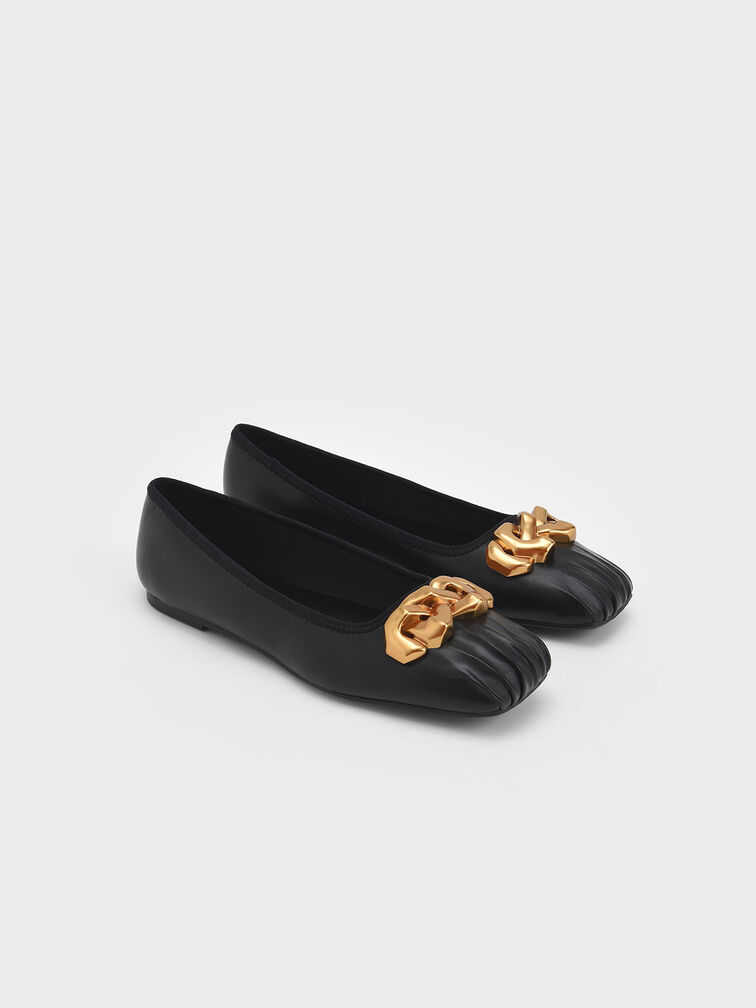 Ruched Square-Toe Chunky Chain-Link Ballerinas, Black, hi-res