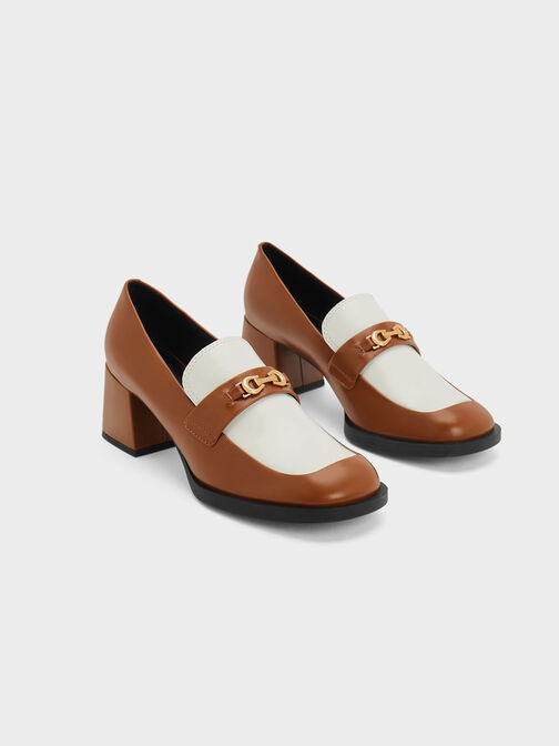 Two-Tone Metallic Accent Block Heel Loafer Pumps, Brown, hi-res