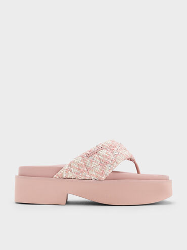 Sandalias de tweed con plataforma y tira V entre los dedos, Rosa pálido, hi-res