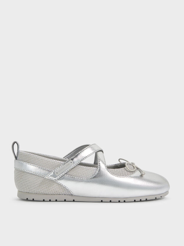 Girls' Metallic Crossover Mary Jane Sneakers, Silver, hi-res