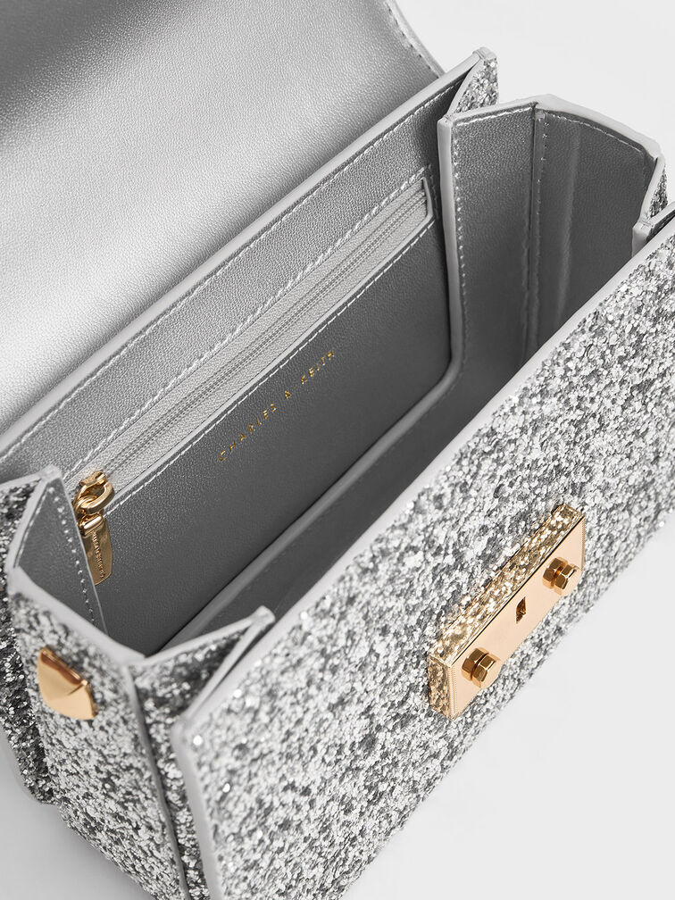 Glittered Push-Lock Chain-Handle Bag, Silver, hi-res